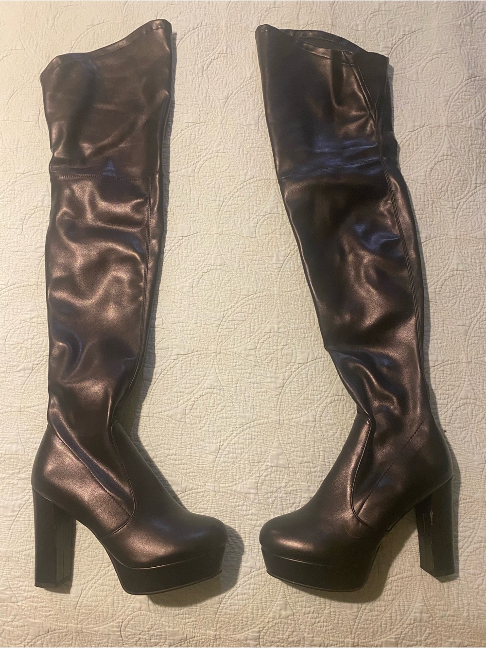 Over-the-Knee Platform Boots in Black Faux Leather